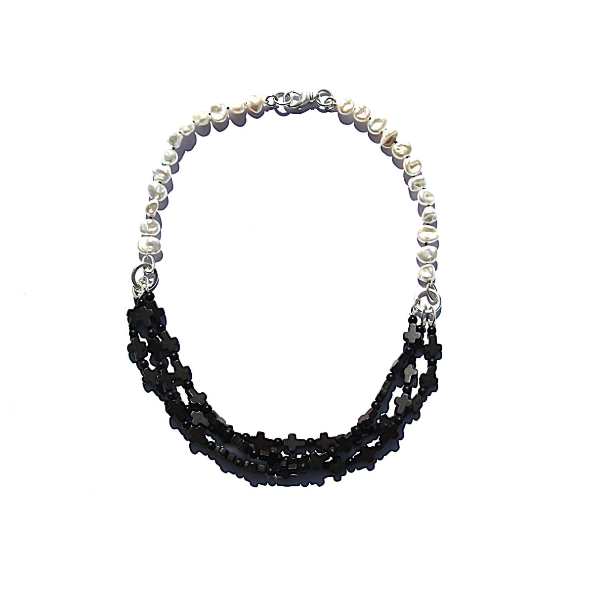 Stone cross necklace pearl back