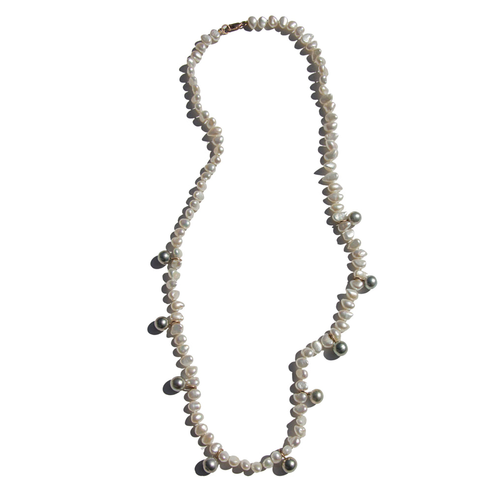 Long Pearl necklace with silver Tahitian pearls