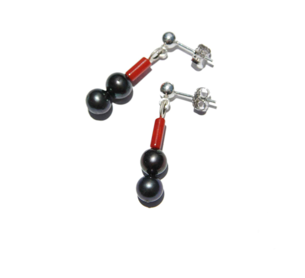 Black pearl and coral earrings