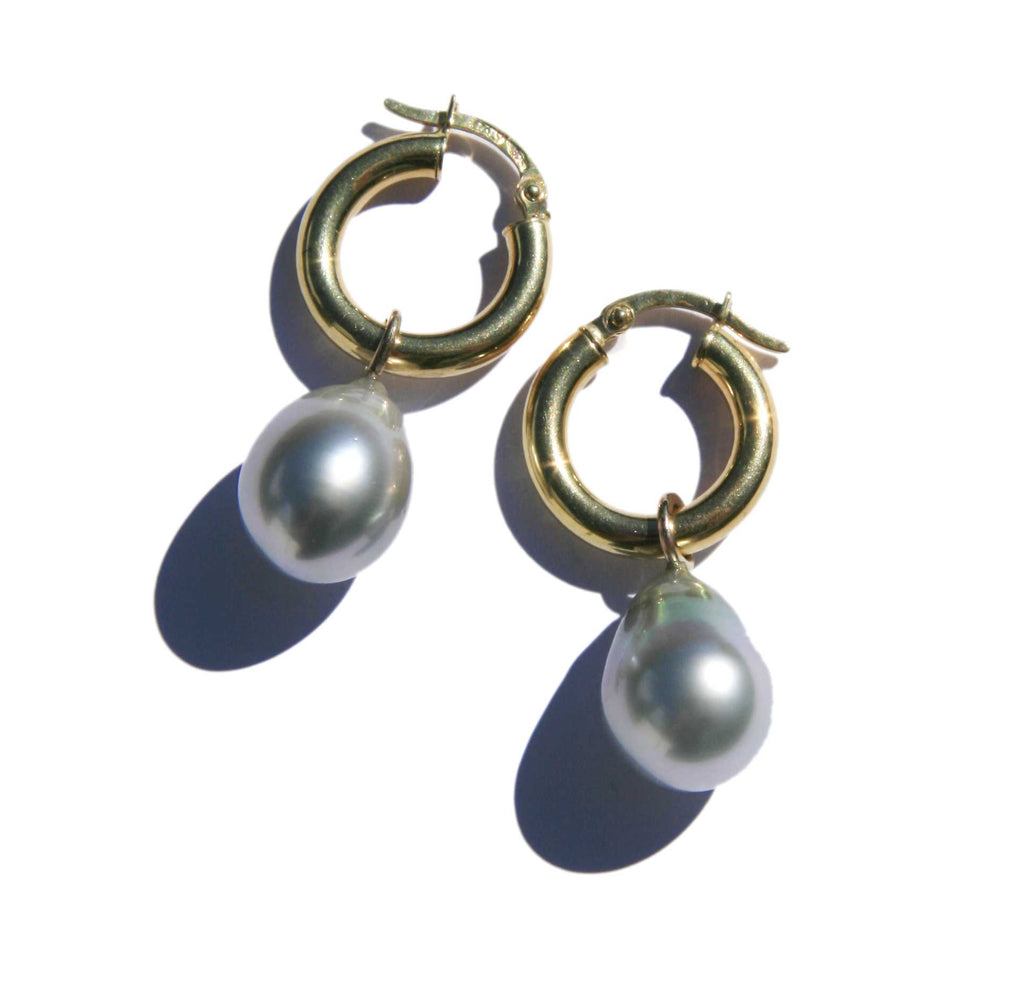 Silver drop Tahitian pearl earrings