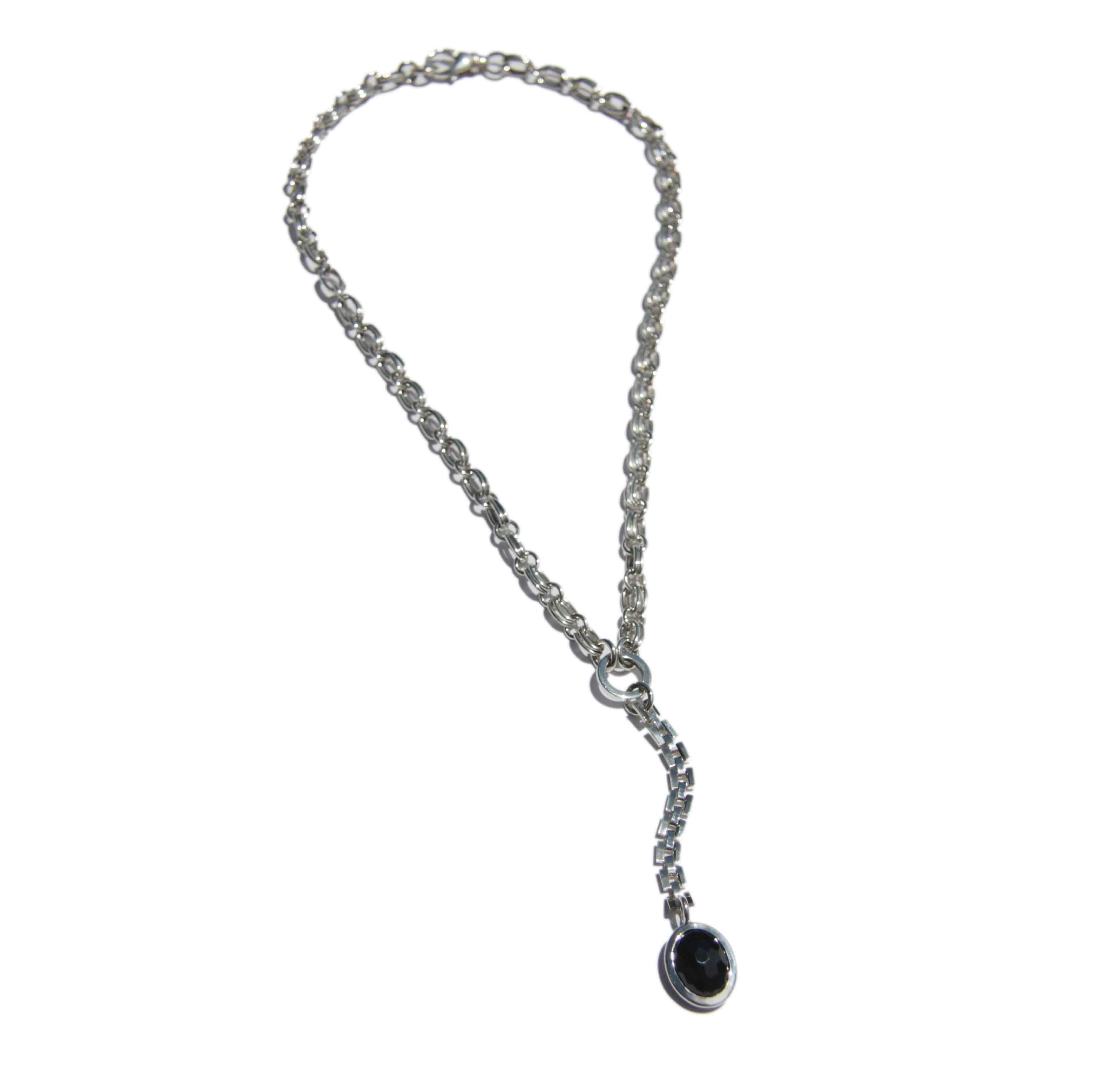 Silver chain necklace with faceted onyx pendant